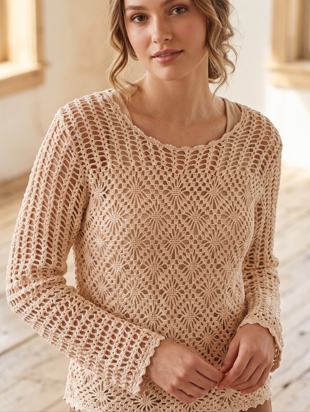 Womens Tan Beige Crochet Sweater Blouse Large 3/4 Sleeve Boho Coquette Coastal